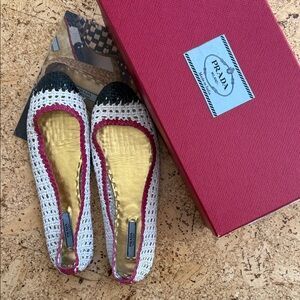 Prada White Woven Flats with Pink Trim & Navy